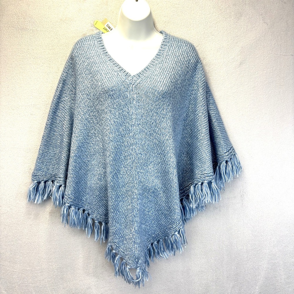 NWT Fieldgear Poncho Sweater Womens One Size Blue Fringe VNeck Holiday Cozy Knit